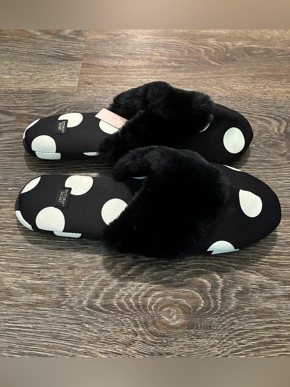 Victoria's Secret Black and White Polka Dot Fuzzy Slide Slippers